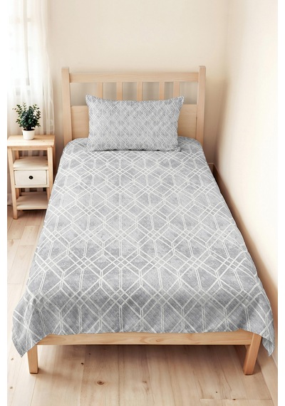 Gri Geometrik Tek Kişilik Dekoratif Pike Takımı - Beyaz Çizgili Minimal 160x220 Cm Yatak Örtüsü Kırık Misk Melodisi