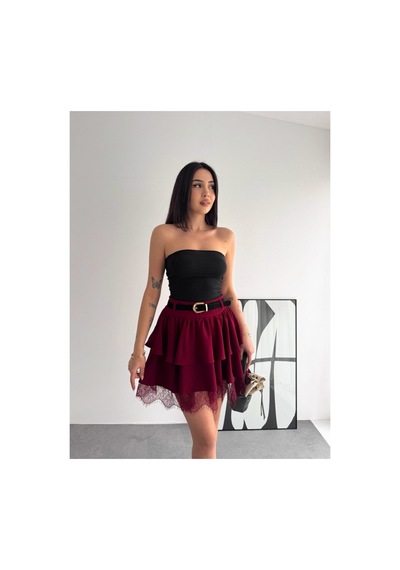 Gugus Kadın Mini Boy Tül/dantel Detaylı Beli Kemerli Volanlı Etek Kırmızı