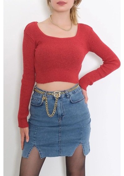 Bigümex Kare Yaka Uzun Kollu Crop Bluz, Parmak Geçmeli Kırmızı