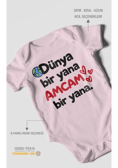 Morivokids Dünya Bir Yana, Amcam Bir Yana Kısa Kollu Bebek Body %100 Pamuk Zbn170-kk Bebe Pembe