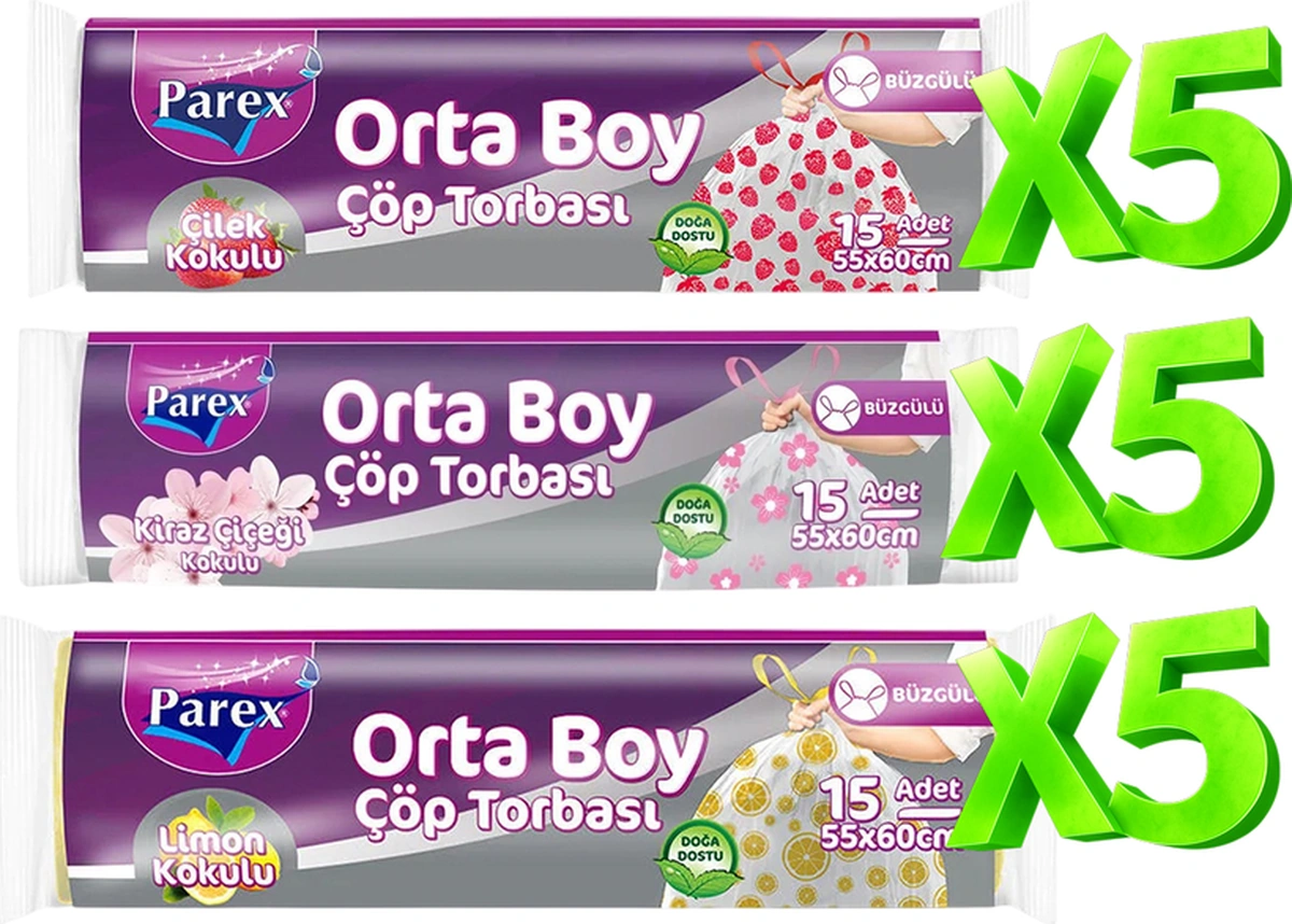 Büzgülü 15 Adet Çöp Torbası Kokulu Orta Boy Paket