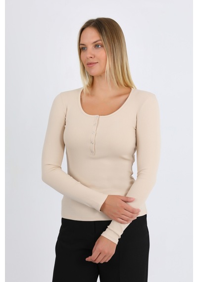 Hdm Kadın Bej Uzun Kollu Fitilli Patlı Çıtçıtlı Basic Örme Bluz - H6172