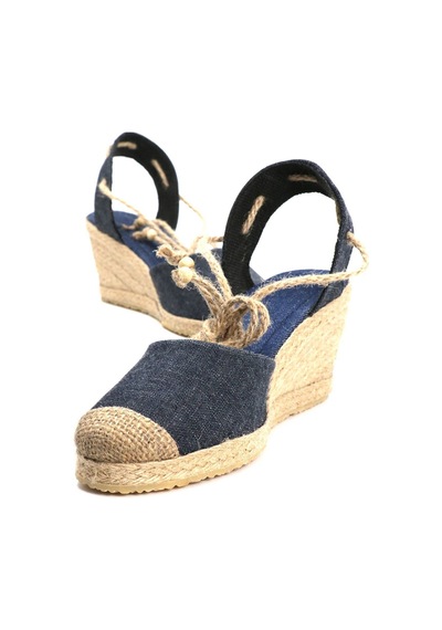 Star Tombis Gerçek Elişi Topuğu Açık Bilekten Bağlamalı Bej Dolgu Topuk Keten Hasır Espadril Handmade Mavi