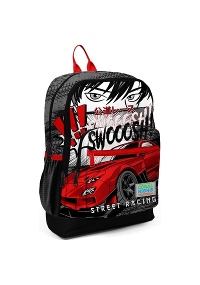 Coral High Kids Siyah Kırmızı Anime Araba Desenli Dört Bölmeli Usb'li Okul Sırt Çantası 23847