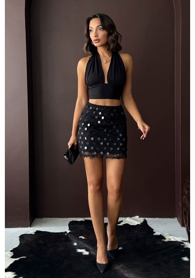 Verymoda Pul Detaylı Abiye Mini Etek F2011 Siyah
