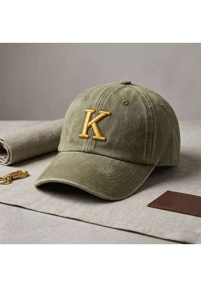 Bk Gift Kişiye Özel Harf Nakışlı Vintage Haki Beyzbol Şapkası Unisex Eskitme Kumaş Metal Tokalı