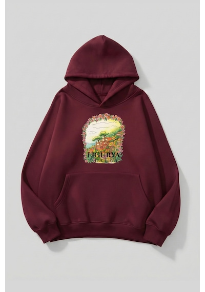Uyguntarz Unisex Yumuşak Dokulu Italy Ligurya Baskılı Tasarım Oversize 3 İplik Hoodie Sweatshirt Bordo