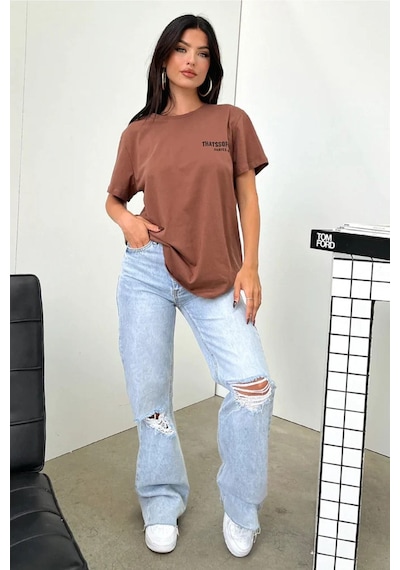 Kahverengi Oversize Fetch Series 6 T-shirt - Oversize Baskılı Kahverengi