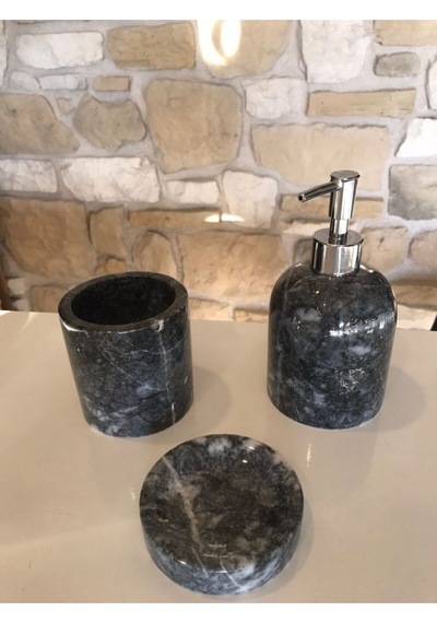 Siyah Dalgalı Mermer 3'lü Banyo Seti Beyaz