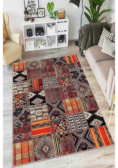 Turuncu Patchwork Kaymaz Tabanlı Dekoratif Halı Ar750n11