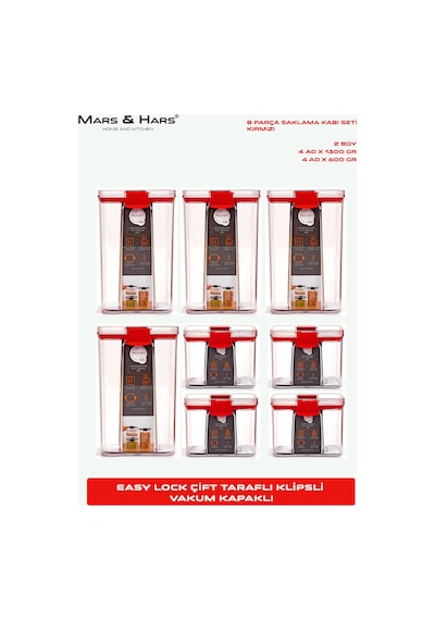 8'li Sızdırmaz, Çift Kilit Klipsli, Vakum Kapaklı, Erzak, Baharat Saklama Kabı 4 Orta +4 Küçük Kırmızı