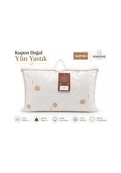 Kupon Doğal Yün Yastık 900gr Çantalı 50x70 Beyaz