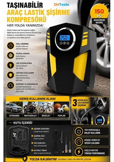 Sepetinegelsin 12v Dijital Ekranlı 150 Psi Lastik Hava Şişirme Pompası