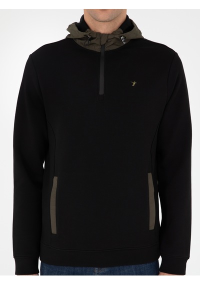 Siyah Regular Fit Pamuk Karışımlı Yarım Fermuarlı Kapüşonlu Sweatshirt