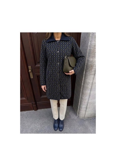 Onno Style Women Desenli Çelik Örgü Uzun Triko Kadın Kaban Lacivert