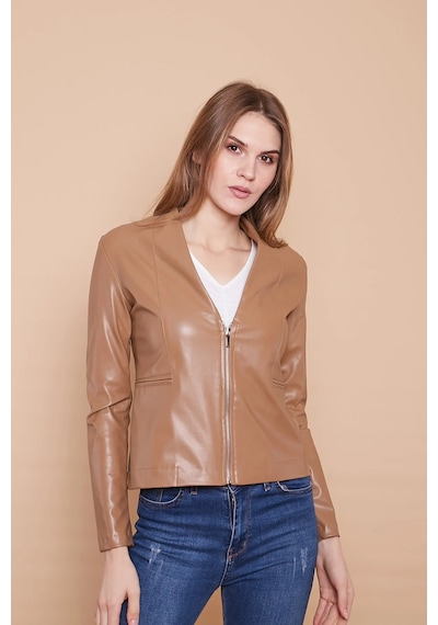 Ekolojik Suni Deri V Yaka Uzun Kol Fermuarlı Blazer Ceket-koyu Bej K.bej