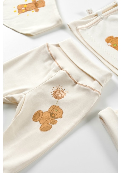 Tinylamb Fluffy Bear 4 Parça Unisex Bebek Uzun Kollu Pamuk Bodysuit Takımı Yenidoğan Ve Çocuk Hediye Seti Bej