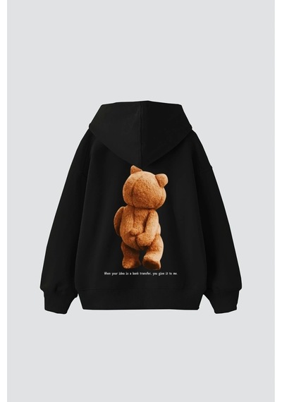 Bear Sırt Baskılı Oversize Unisex Beyaz Siyah