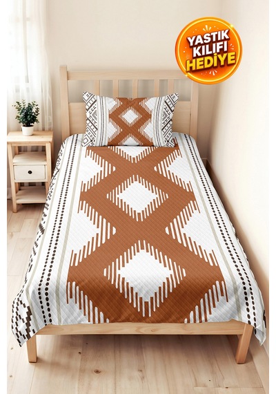 Bohem Geometrik Kahverengi Genç Odası Tek Kişilik Pike Takımı-etnik 160x220 Cm Kapitone Yatak Örtüsü Kumlu Sepet Ufku