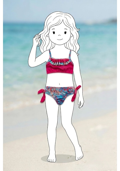 Zuzunga Kız Çocuk Renkli Tropik Desen Bikini Takımı Fuşya-mavi