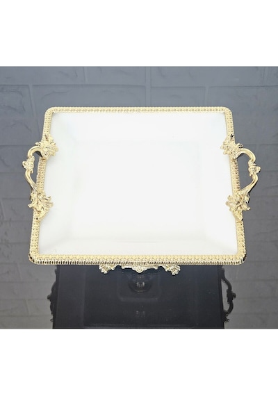 Porselen Küçük Sade Kare Servis Tabağı-sunumluk Döküm Gold Çerçeve Ve Ayaklı 22cm Beyaz