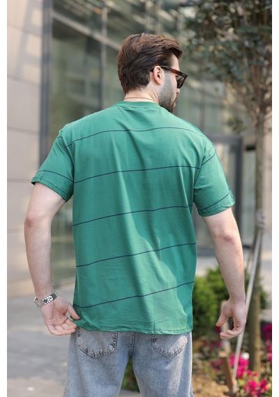 Madmext Koyu Yeşil Bisiklet Yaka Basic Çizgili Erkek T-shirt E7102
