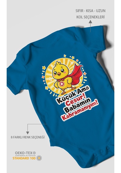 Morivokids Küçük Ama Cesur Babamın Kahramanıyım Kısa Kollu Bebek Body %100 Pamuk Koyu Mavi