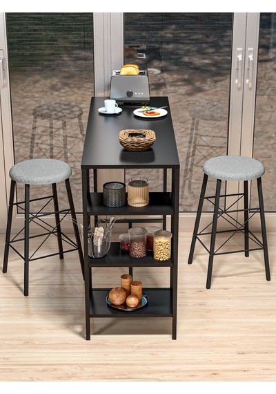 Retodesign Siyah Raflı Yuvarlak Tabureli Bar Takımı 4651s