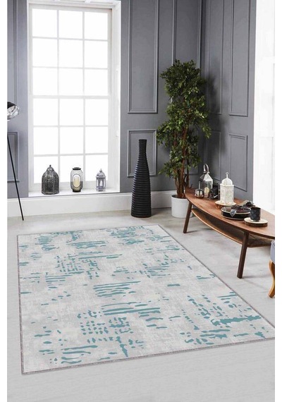 Turkuaz Vintage Kaymaz Taban Makinede Yıkanabilir Halı Dr007n11