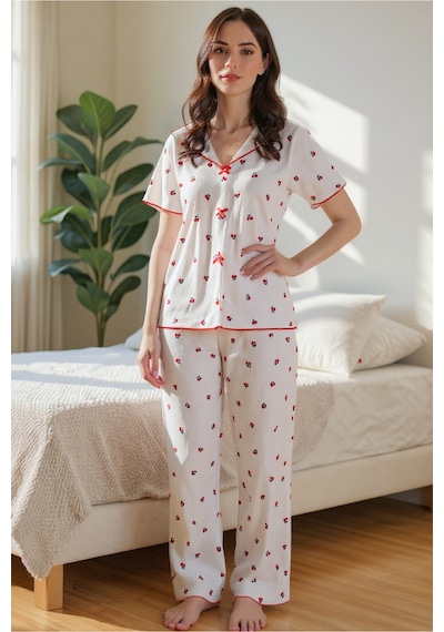 Bella Notte Pamuklu Kiraz Desenli V Yaka Pijama Takımı Kırmızı