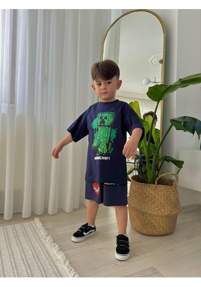 Miniko Kids Erkek Çocuk Minecraftt Modelli Baskılı Şortlu Pamuk Takım Lacivert