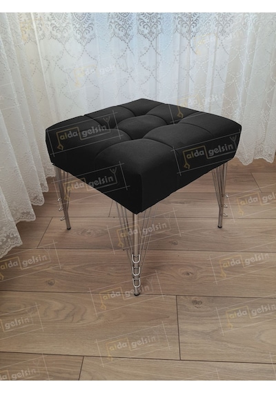Modern Dilim Puf Ayakucu Puf Gümüş Metal Ayak 45 45 Siyah