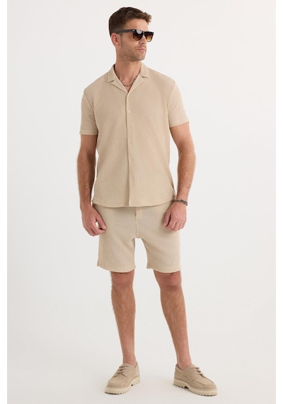 Tudors Erkek Slim Fit Dar Kesim Apaş Yaka Beli Bağcıklı Bej Gömlek Şort Takım-37574 Bej