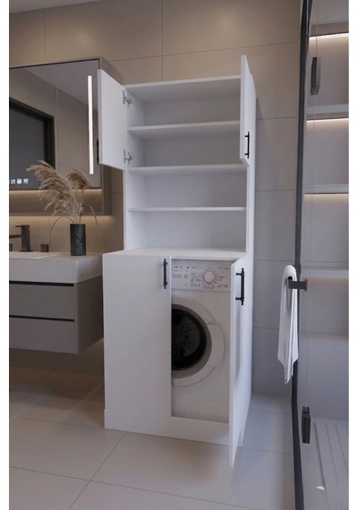 Leylak Çamaşır Makinesi Dolabı Çok Amaçlı Kapaklı Banyo Dolabı Çamaşır Odası Dolabı Beyaz
