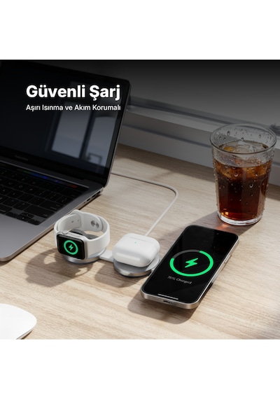 Ttec AirCharger Trio Pro Qi2 MagSafe 15 W iPhone - Android 3’ü 1 Arada Katlanabilir Kablosuz Hızlı Şarj Pedi