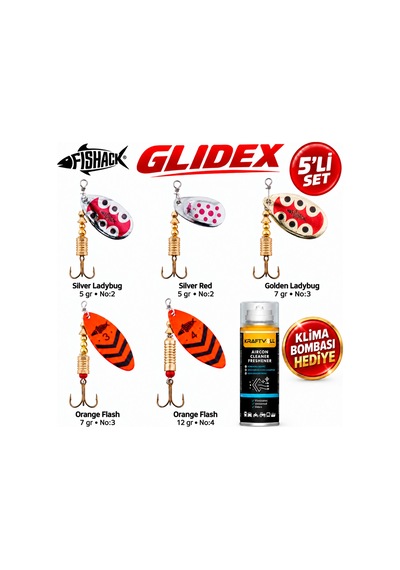Fishack Glidex 5'li Döner Kaşık Seti + Klima Bombası - Silver Ladybug 5 Gr No:2 + Golden Ladybug 7 Gr No:3 + Orange Flash 7 Gr No:3 + Orange Flash 12 Gr No:4 + Silver Red 5