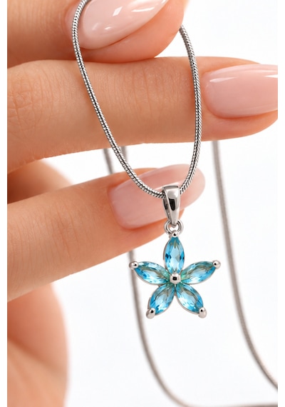 Mavi Taşlı Lotus Çiçeği Kolye Çelik Gümüş - Mavi