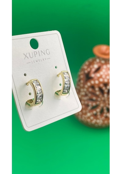 Xuping 14k Altın Renginde Kare Taşlı Halka Çelik Kadın Küpe Gold