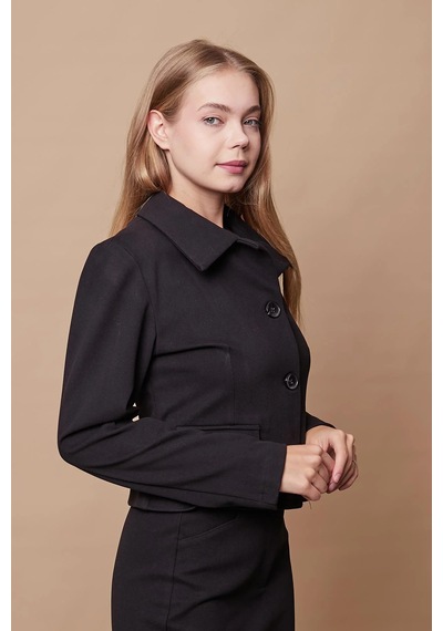 Kadın Likralı Kaşe Kumaş Yakalı Cep Kapaklı Uzun Kol Düğmeli Kısa Blazer Ceket Kaban-siyah Siyah Kadın Likralı Kaşe Kumaş Yakalı Cep Kapaklı Uzun Kol Düğmeli Kısa Blazer Ceket Kaban-siyah Siyah