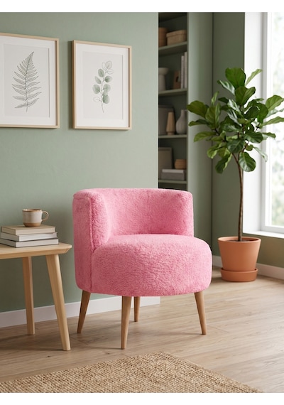 Sydney Modern Tekli Koltuk Pembe Welsoft Yumuşak Dokulu Tüylü Kumaş Ahşap Ayak
