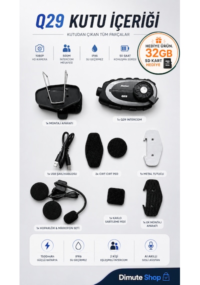 Q29 Motosiklet Kask Intercom Bluetooth Kulaklık 1080p Kamera Ipx6 Su Geçirmez 500m