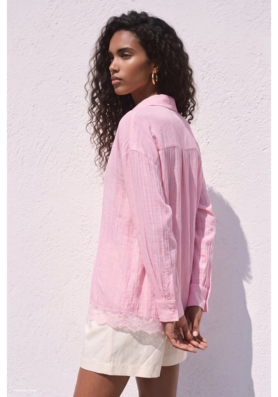 Sateen Dantel Detaylı Gömlek - Pembe-137693