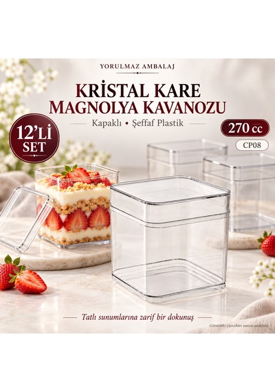 Kristal Kare Magnolya Kavanozu 270 Cc Kapaklı 12 Li Cp08 Şeffaf Plastik Tatlı Ve Puding Sunum Kabı