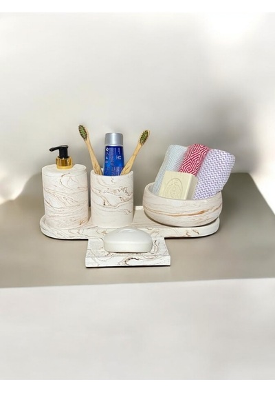 5'lı Banyo Seti Sıvı Sabunluk Diş Fırçalığı,havluluk,tepsi,katı Sabunluk Bej