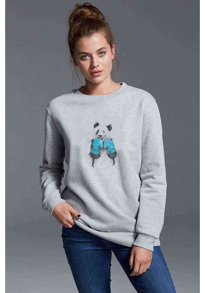 Panda Boxing Sketch Baskılı Gri Kadın Sweatshirt (528259348)