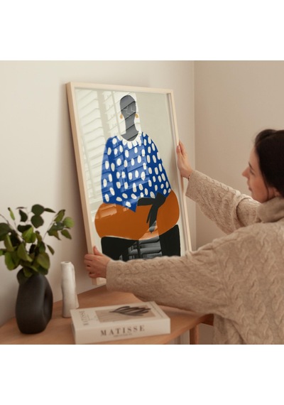 Modern Afrikalı Kadın Duvar Sanatı Baskısı Minimalist Portre İllüstrasyon Cesur Mavi Ve Turuncu Soyut Figür Çağdaş Dekorasyon