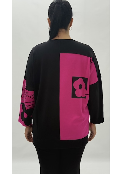 Büyük Beden Taşlı Çiçek Detaylı Uzun Kol Oversize Kadın Bluz Pembe
