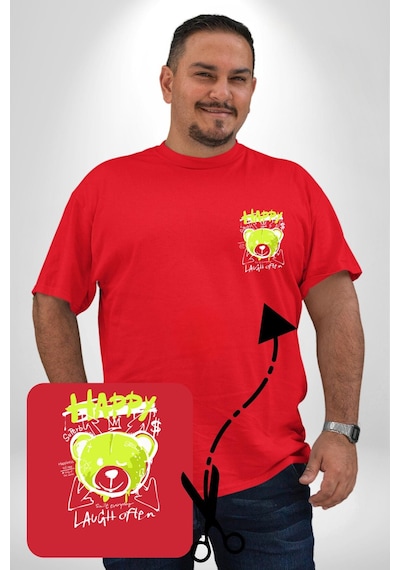 Angemiel Sık Sık Mutlu Gülmek Teddy Bear Kırmızı Büyük Beden Kadın Basic Minimal Baskılı Tişört Kırmızı