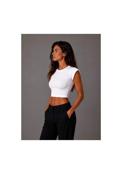 Parshey Kadın Crop Body Kısa Kollu Slim Fit Basic Crop Top Bisiklet Yaka Bluz Beyaz