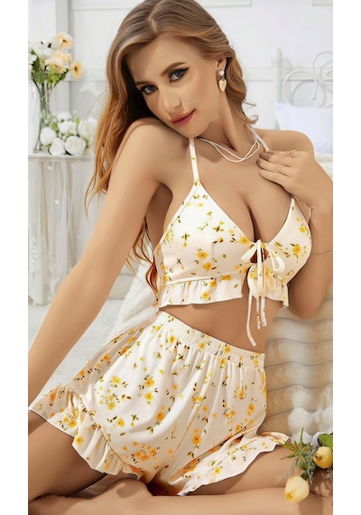 Findit Kadın Çiçekli Ekru Askılı Şortlu Pijama Takım 5017 Ekru